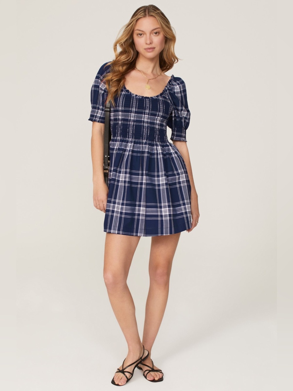 Hill House Home Naia Nap Dress Navy Plaid Smocked Mini Dress - Size CL